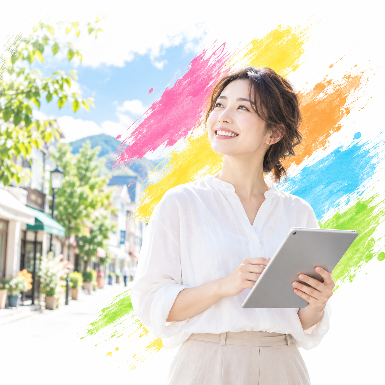 カラフルな絵の具と、タブレットを手に笑顔で前を見つめる女性のイメージ